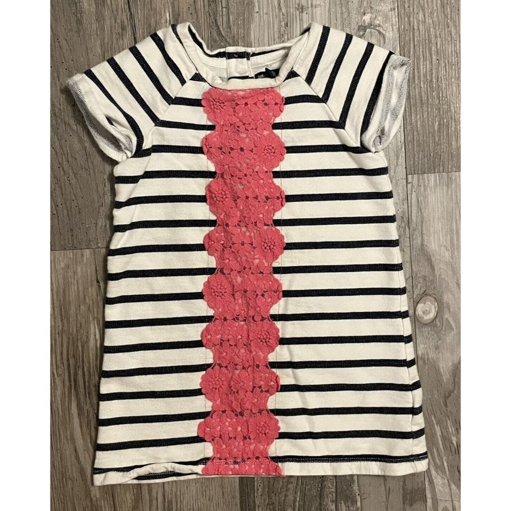 Baby Gap Pink Lace Navy Blue & White Striped Short Sleeved Dress Size 18-24 Mo
